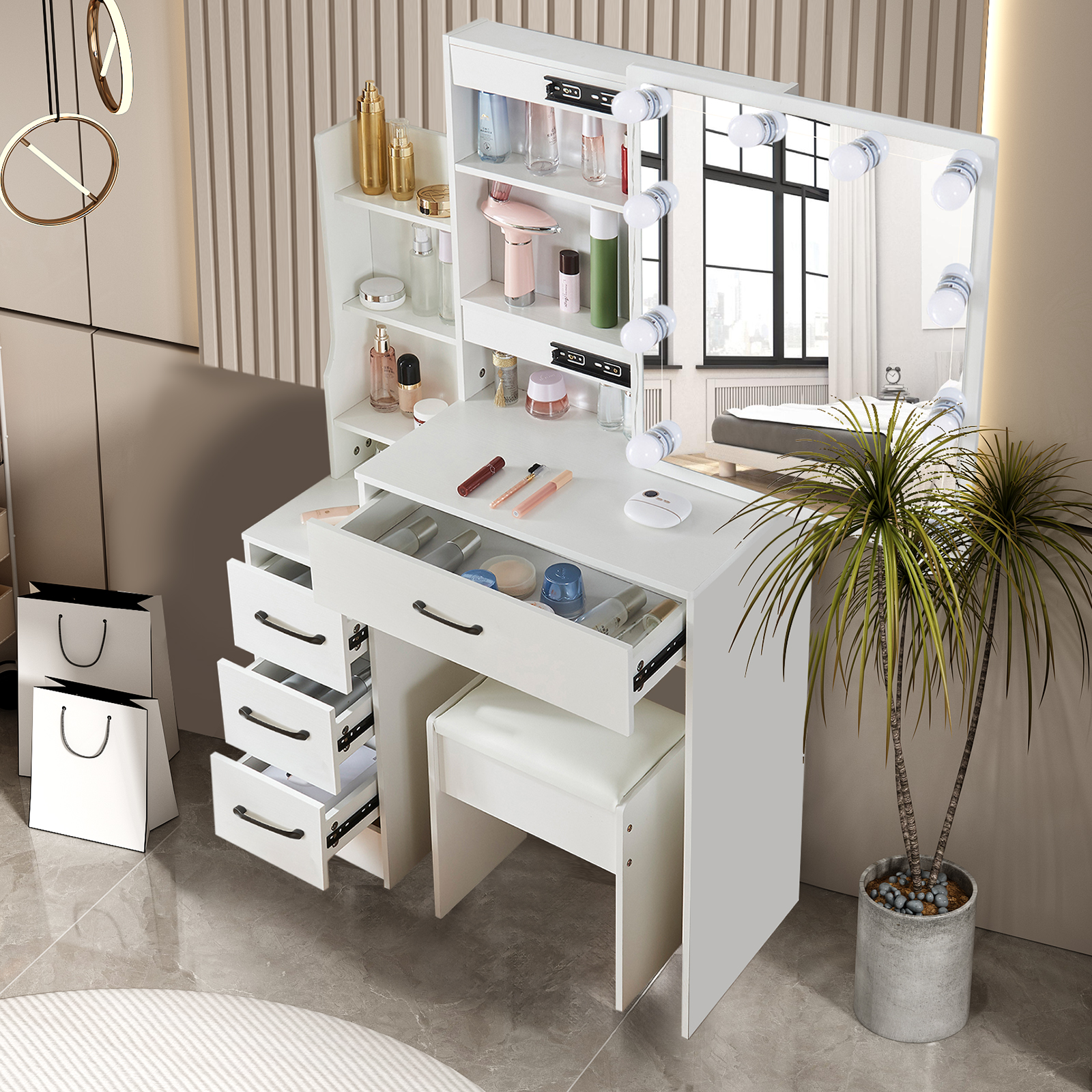 Furniture Hardware Design - White Wooden Vanity Dressing Table Set